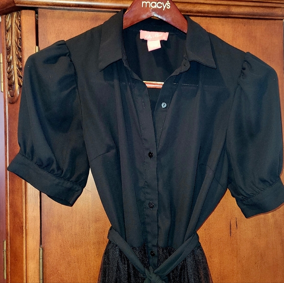 ❤️❤️ Tres Chic-Black Dress-Size M-Short Puffy Sleeves-Tule-See Through Bottom - Picture 5 of 12